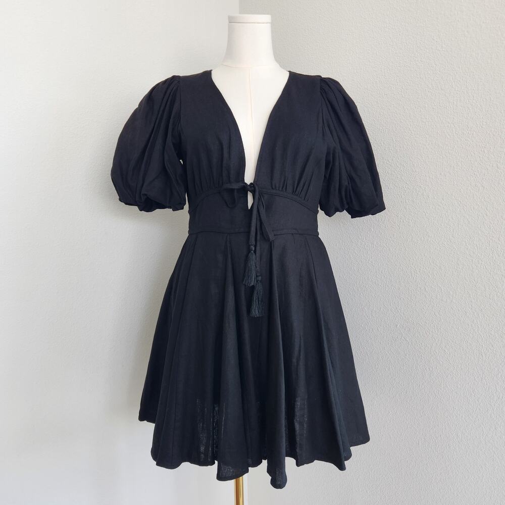 House of Harlow 1960 Black Puff Sleeve Tassel Tie Mini Dress V Neck Fit Flare 8